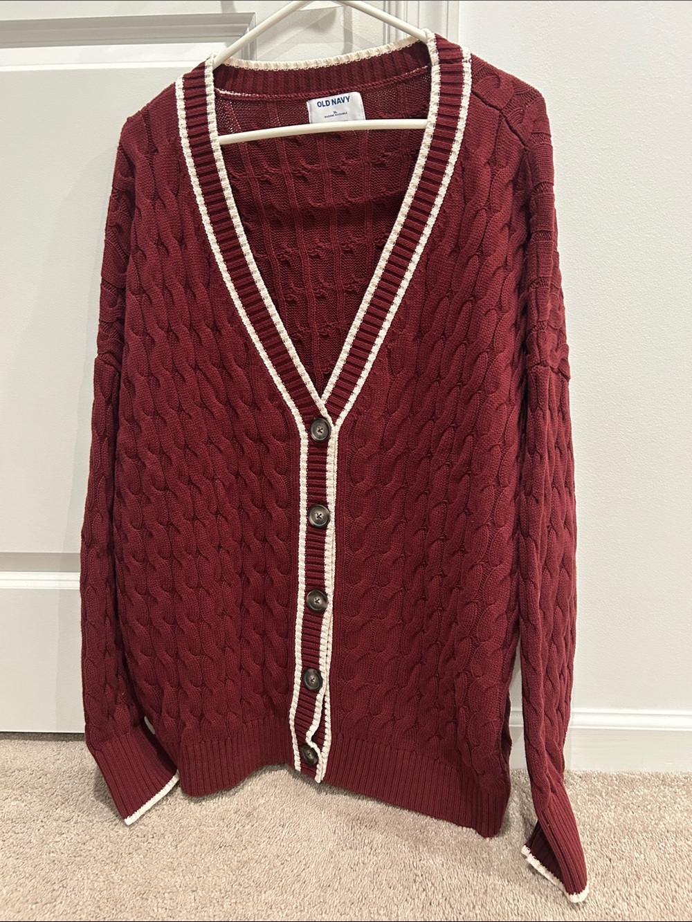 Old Navy Women's Cable-Knit Wine Cardigan with Cream Trim